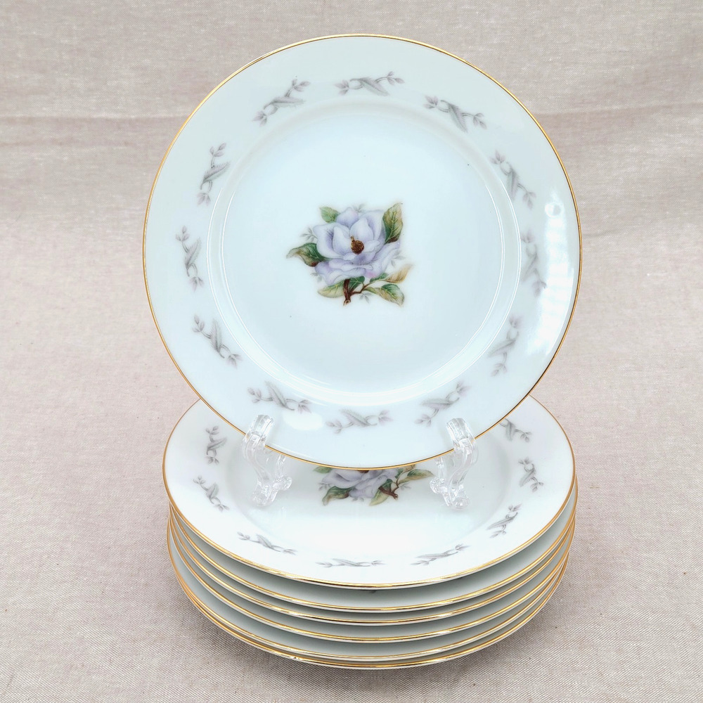 Set of 7 ROSALINDA YAMAKA JAPAN VTG White Flower, Gray Leaves Bread Plate 6.5"